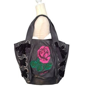 Betsey Johnson Women's Rose Black Embroidered  Leather Corset Tote